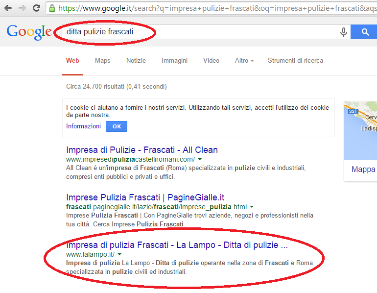 LaLampo prima pagina Google ditta pulizie Frascati